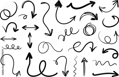 Hand-drawn arrows and swirl doodles with loops, spirals, zigzags, and brushstroke effects for creative design and presentation use