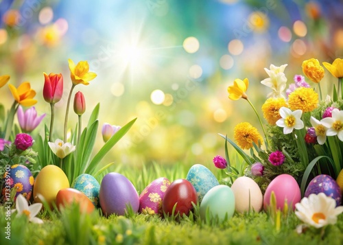 Colorful Easter eggs and spring flowers in a garden scene