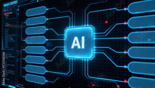 Ultra-detailed 3D render of a glowing blue AI chip at the center of a circuit board. 