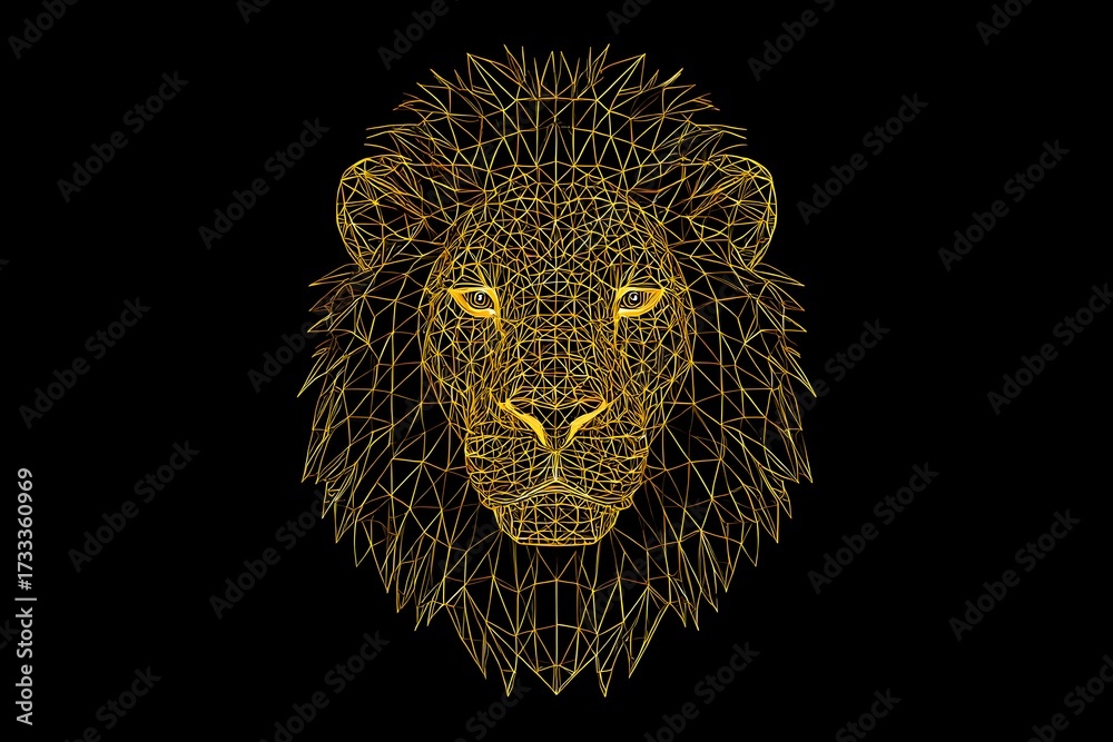 Fototapeta premium Geometric lion head in gold on black background with polygonal mesh and glowing yellow eyes