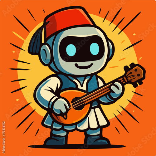 Middle Eastern Robot Musician With Fez And Oud Cultural Illustration