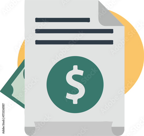 Illustration of document with dollar sign and money, representing financial transactions
