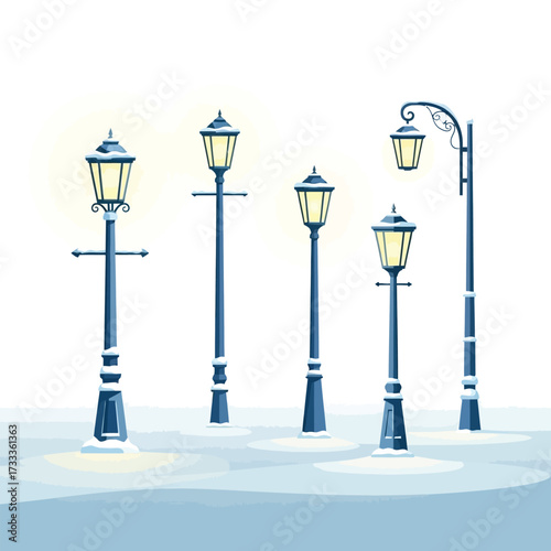 A collection of stylized, blue street lamps illuminate a snowy, winter scene.