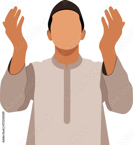 Muslim man in beige attire and cap, with both hands raised, symbolizing dua, worship, and spiritual devotion in Islamic tradition