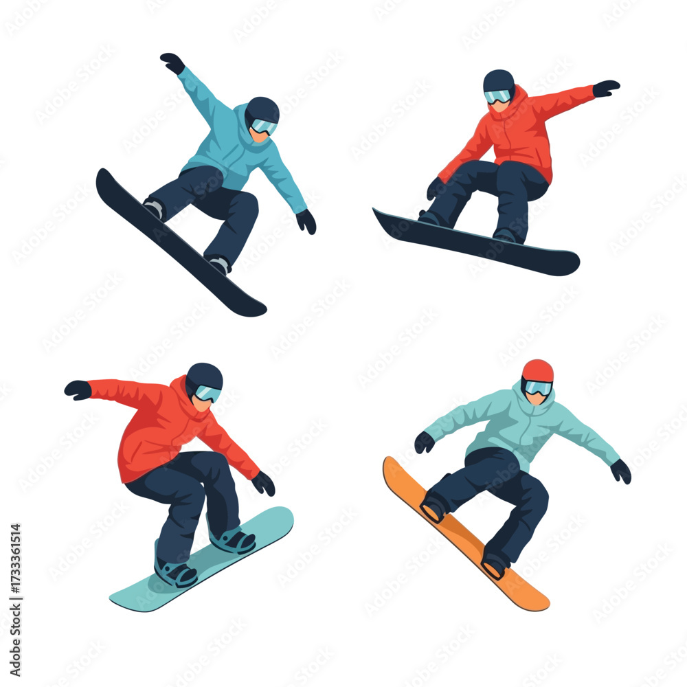 Fototapeta premium Four snowboarders in different poses, wearing winter gear, riding their boards on a white background.