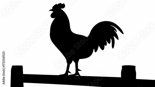 Majestic black rooster silhouette standing proudly atop a rustic fence post at sunrise