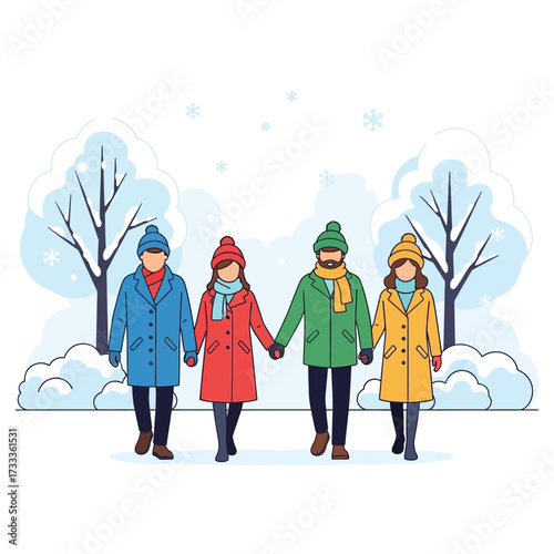 Two couples in winter coats and hats walk hand-in-hand through a snowy park with bare trees and snowdrifts.