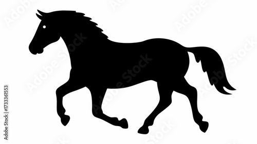 Powerful black horse gallops with dynamic energy across open space, symbolizing freedom