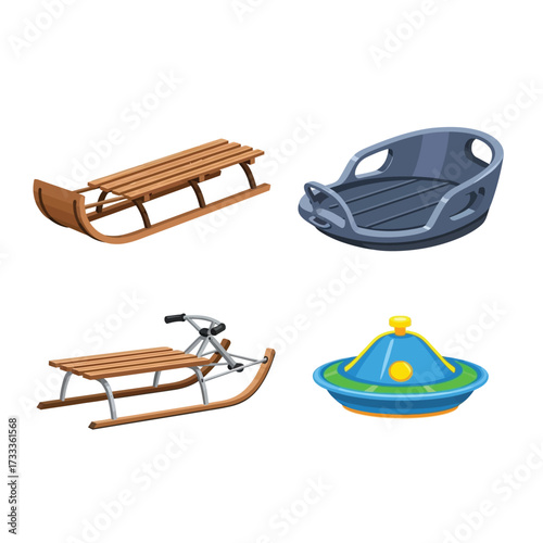 Four different sleds: a wooden sled, a plastic toboggan, a steerable sled, and a saucer sled, isolated on a white background.