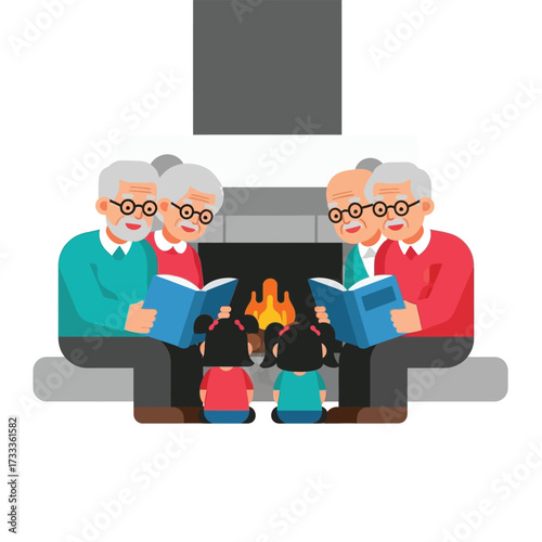 Two elderly couples reading books to their grandchildren by a warm fireplace, depicting family bonding and storytelling.