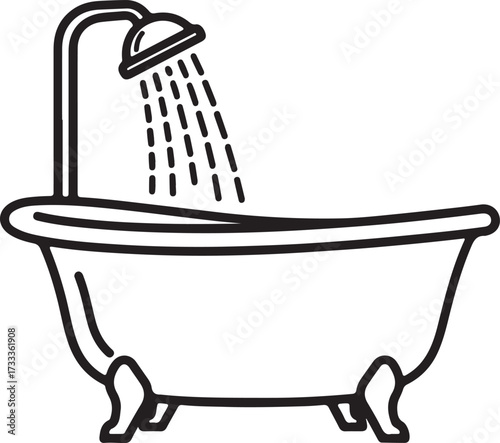 Illustration of vintage bathtub with shower head and water drops isolated on white background