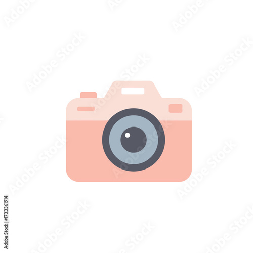 Stylish flat design camera icon in a soft pink shade, symbolizing digital photography, creative visual content, and advanced image editing applications for capturing moments