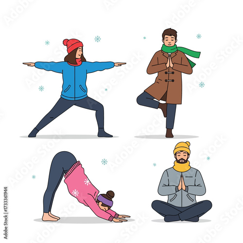 Four individuals demonstrating yoga poses while wearing winter clothing, with snowflakes.