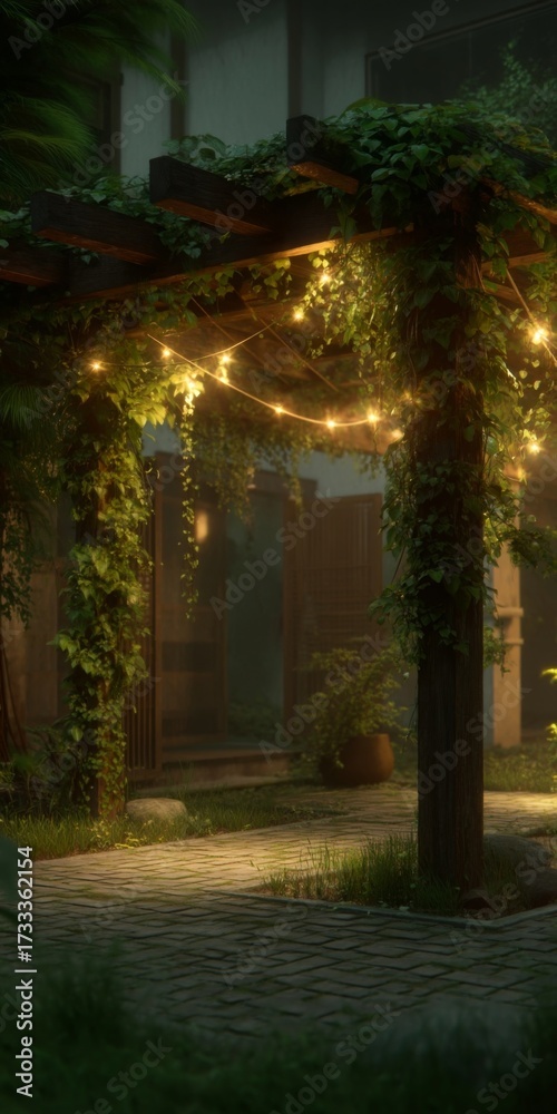 Fototapeta premium Cozy garden pathway illuminated by string lights and surrounded by lush greenery in a tranquil outdoor setting