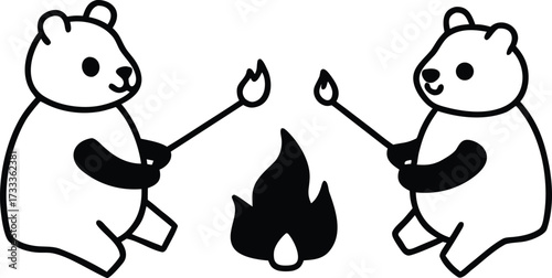 cute camping bears roasting marshmallows illustration on transparent background
