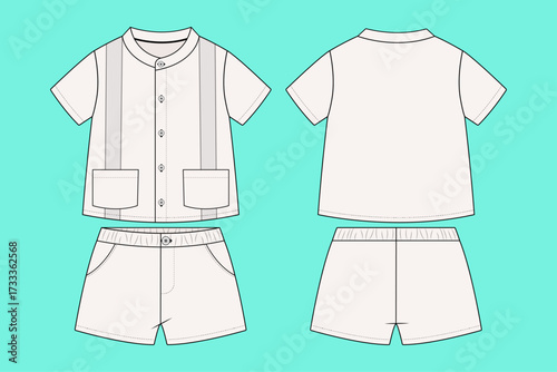 Boys Short Sleeved Button-up Band Collar Shirt and Shorts Co-ord Set Outline Flat Sketch CAD Template.