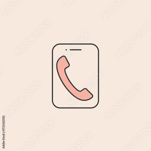 Minimalist phone call icon with a pink receiver on a smartphone screen. A simple vector line art graphic for communication and contact concepts