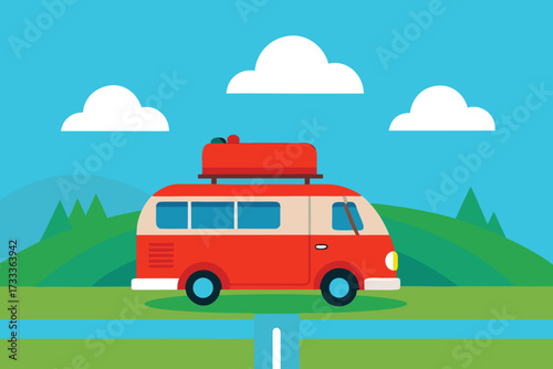 Retro Campervan Illustration with Luggage Rack, Set Against Mountains, Clouds, and a Clear Blue Sky