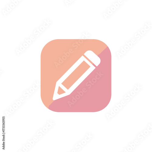 Flat design vector illustration of a white pencil icon on a pink and peach gradient rounded square. This symbol represents editing, writing, or a creative app