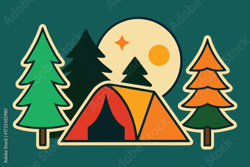 Retro Camping Featuring a Tent, Trees, Moon, and Star on a Dark Green Background