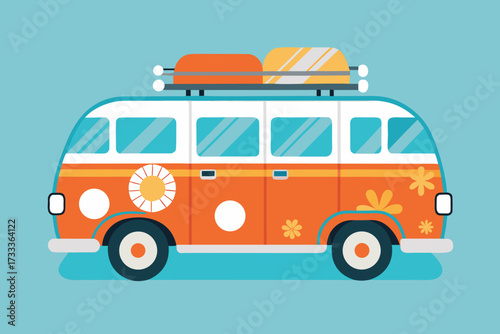 Retro Orange and White Camper Van with Luggage on Top, on Light Blue Background