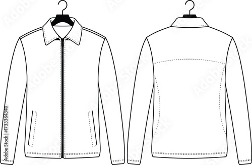 Technical fashion sketch of structured jacket with pointed collar, front zipper, yoke detail, and contoured seams for design construction use