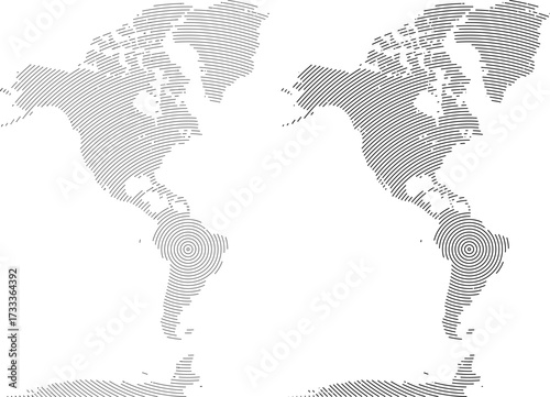 Realistic round shape and dotted map silhouette of north America and south America. Round line shape dotted north America and south America of world map.