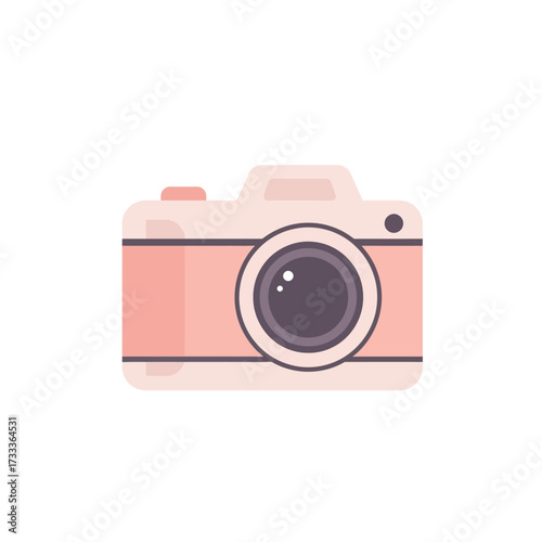 A charming flat design illustration of a pink camera, a simple vector graphic icon perfect for photography blogs, creative projects, and digital media