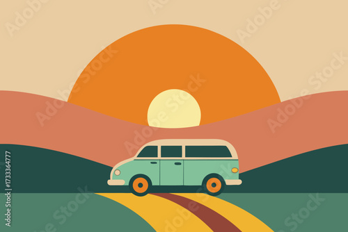 Retro Van Trip Illustration Mint Green Vehicle with Orange Sunset and Hills