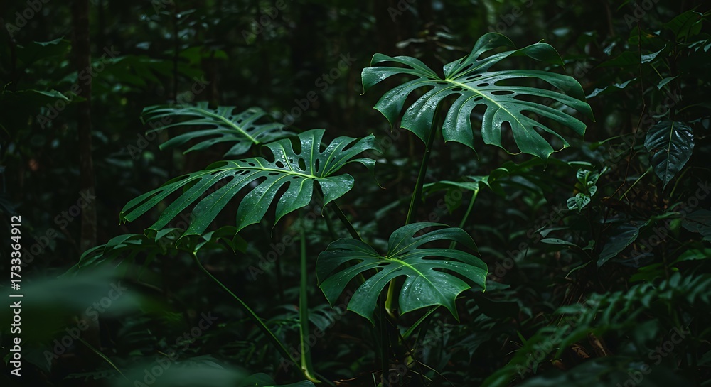 Fototapeta premium Close up of swiss cheese plant leaves in a lush green environment