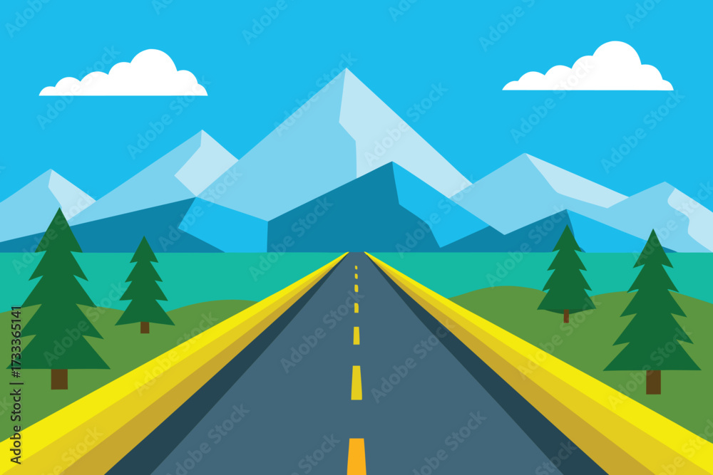 Fototapeta premium Straight Road to Mountains Landscape Evergreen Trees, Green Hills, and Cloudy Blue Sky
