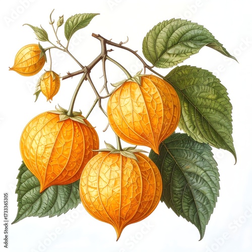 Botanical drawing of cape gooseberry fruits and leaves high resolution picture