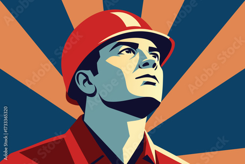 Stylized Illustration of a Worker with Red Hard Hat Against a Burst Background Pattern
