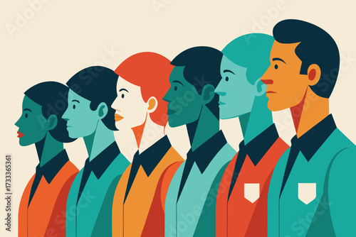 Stylized Illustration of Diverse People in Profile, Standing Shoulder to Shoulder, Wearing Colorful Shirts