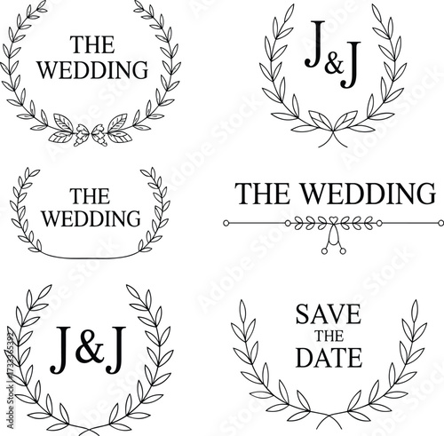 Wedding wreath icon set, initials, save the date, floral frames, laurel borders, vector romantic celebration and invitation design elements