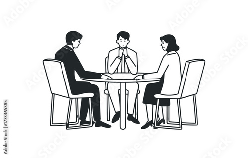 Business Meeting and Team Collaboration Line Art. Black and White Vector Illustration of Professionals Seated Around a Conference Table for Discussion and Strategy
