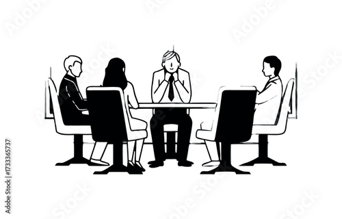 Business Meeting and Team Collaboration Line Art. Black and White Vector Illustration of Professionals Seated Around a Conference Table for Discussion and Strategy