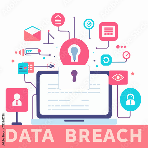 Digital Data Breach Concept with Laptop and Security Icons cybersecurity hacking