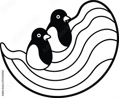 cute penguins sliding on icy mandala waves illustration on transparent background