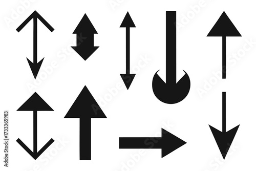 Various Black Arrows Pointing Up, Down, Right, and Bidirectional on White Background