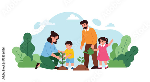 Adobe illustrator artwork vector illustration. A happy family, a father, mother, son, and daughter, plant a tree together in a park with a city and mountains in the background, promoting environmental