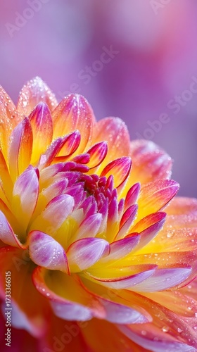 Close-up View of a Vibrant Flower Petal with Water Drops Reflecting Light in Soft Background