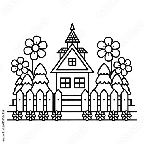 Vector art of charming house with picket fence and flowers