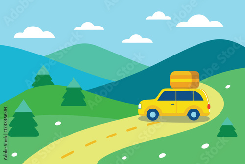 Yellow Car with Luggage on Road Trip Through Hilly Green Landscape