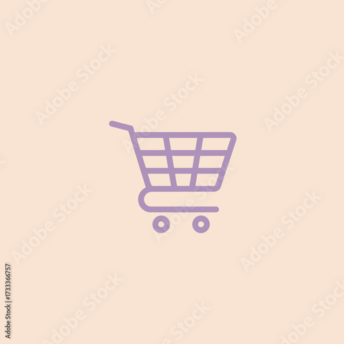 Minimalist shopping cart icon in purple line art, symbolizing e-commerce, online retail, and digital purchasing on a pastel background