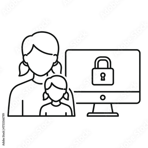 Vector art of mother and child with computer security lock icon