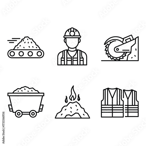 Vector art of mining industry icons set including worker, equipment, and safety gear
