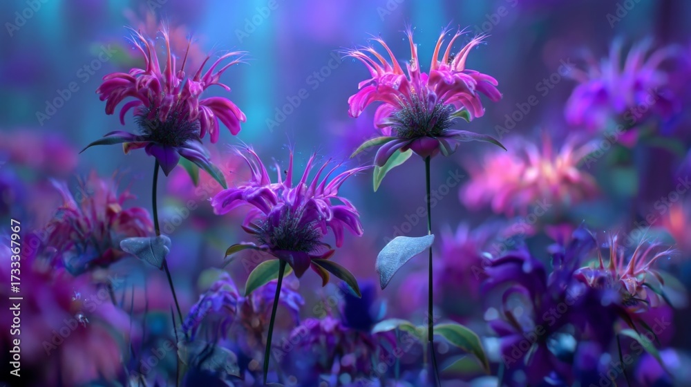 Fototapeta premium Vibrant close-up of colorful flowers in soft illuminated garden, showcasing intricate petals and dreamy background hues