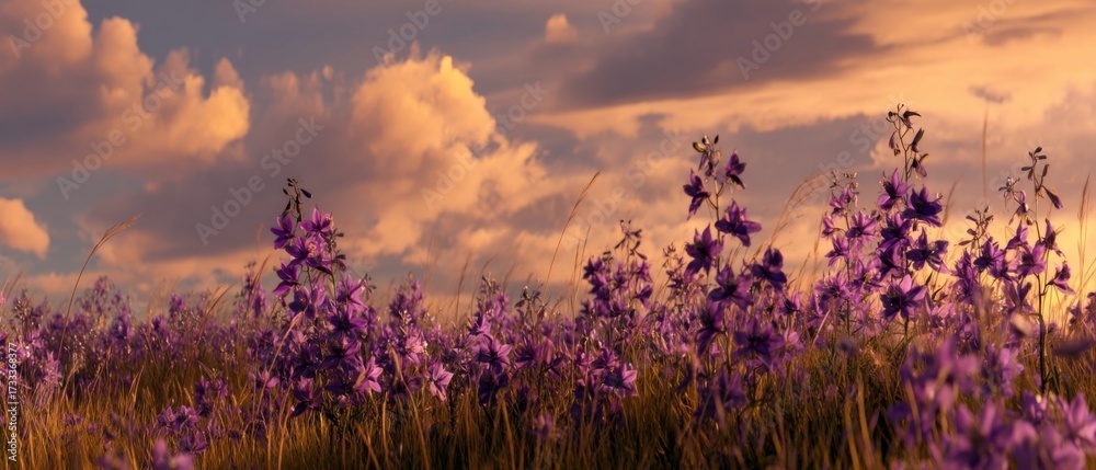 Fototapeta premium Vibrant Blooming Purple Flowers Under Golden Sunset Sky with Soft Clouds and Scenic Landscape