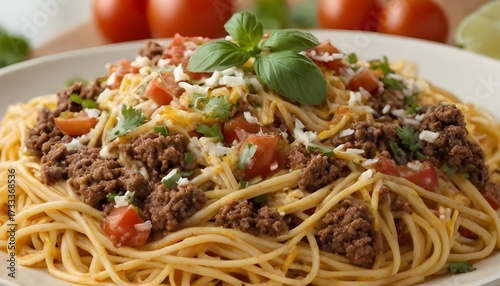 plate of taco spaghetti with ground beef cheese, and salsa